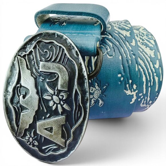 vintage armani jeans belt blue leather floral wave embossed made italy aj buckle main image 5
